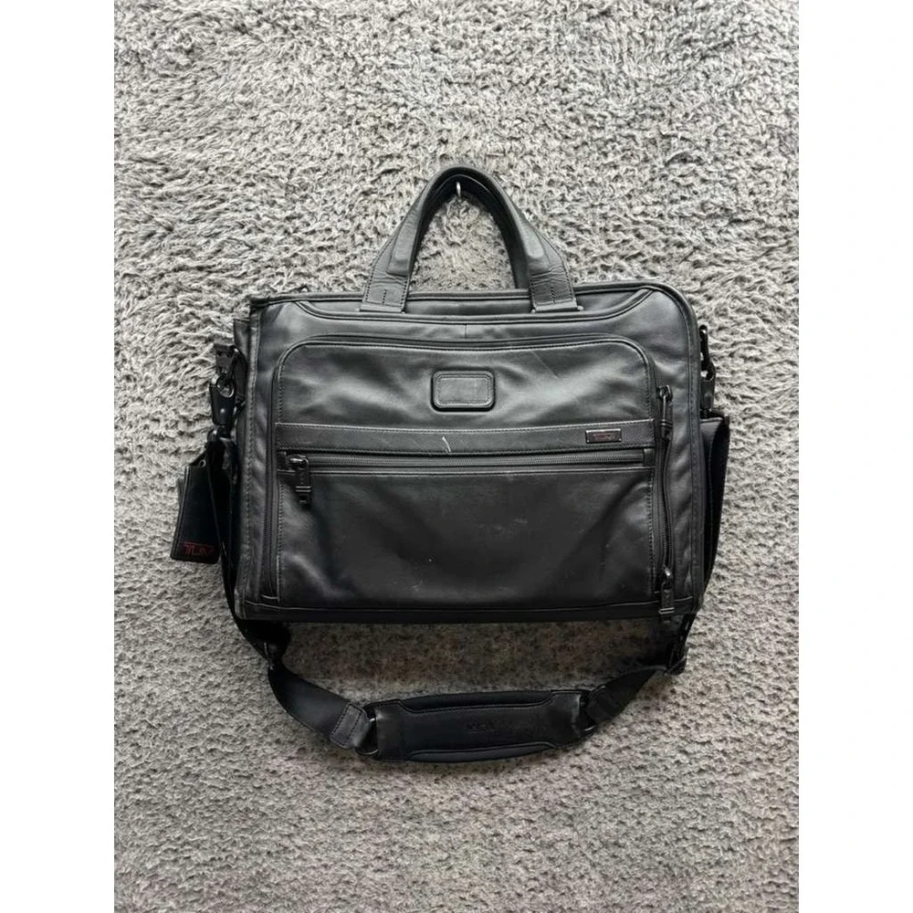Tumi Men's Alpha Slim Deluxe Portfolio Leather Briefcase Messenger Bag Black